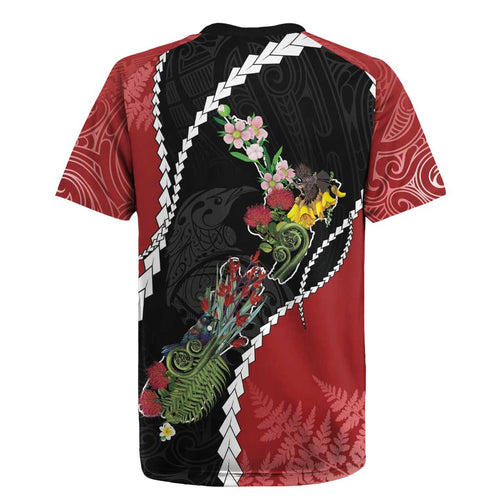 New Zealand Christmas Rugby Jersey Flora Map with Birds - Aussie Hoodie