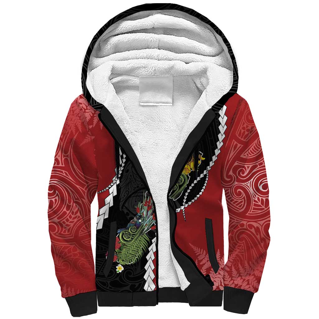 New Zealand Christmas Sherpa Hoodie Flora Map with Birds - Aussie Hoodie