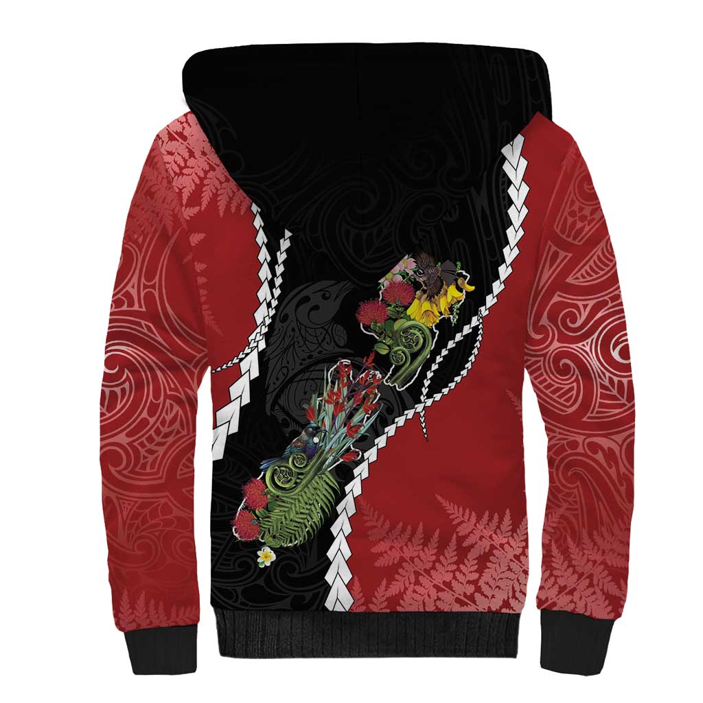 New Zealand Christmas Sherpa Hoodie Flora Map with Birds - Aussie Hoodie