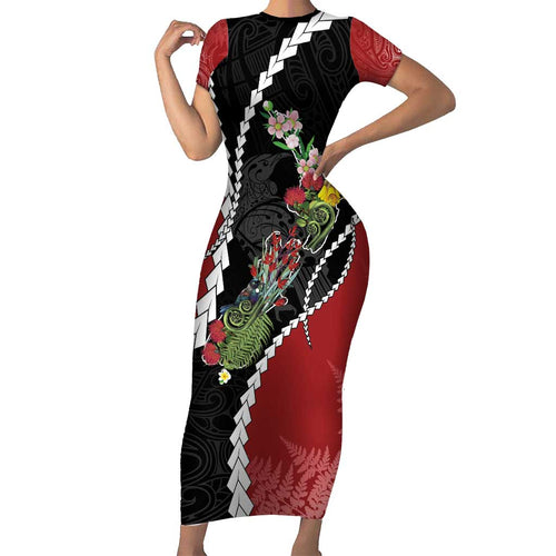 New Zealand Christmas Short Sleeve Bodycon Dress Flora Map with Birds - Aussie Hoodie