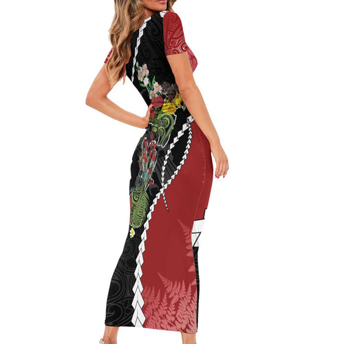 New Zealand Christmas Short Sleeve Bodycon Dress Flora Map with Birds - Aussie Hoodie