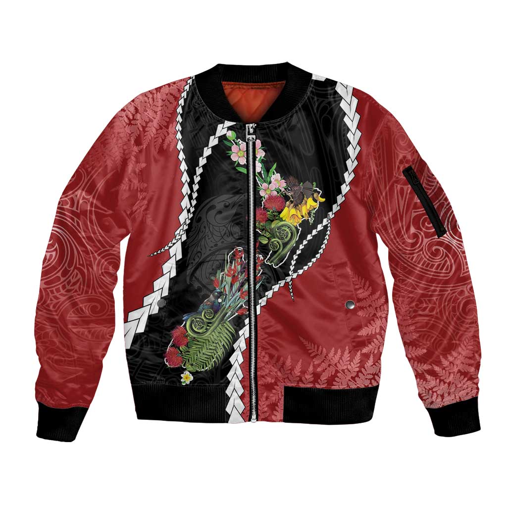 New Zealand Christmas Sleeve Zip Bomber Jacket Flora Map with Birds - Aussie Hoodie