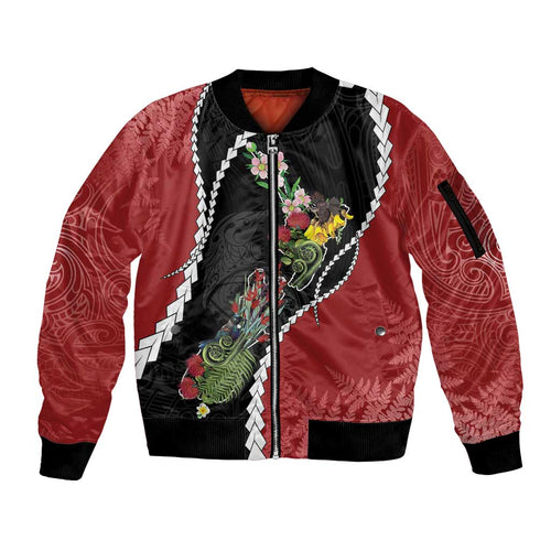 New Zealand Christmas Sleeve Zip Bomber Jacket Flora Map with Birds - Aussie Hoodie