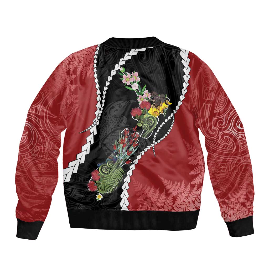 New Zealand Christmas Sleeve Zip Bomber Jacket Flora Map with Birds - Aussie Hoodie