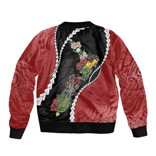 New Zealand Christmas Sleeve Zip Bomber Jacket Flora Map with Birds - Aussie Hoodie