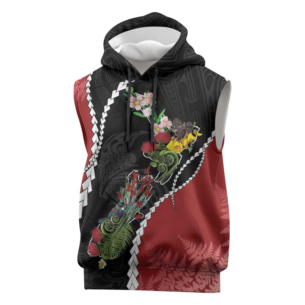 New Zealand Christmas Sleeveless Hoodie Flora Map with Birds - Aussie Hoodie