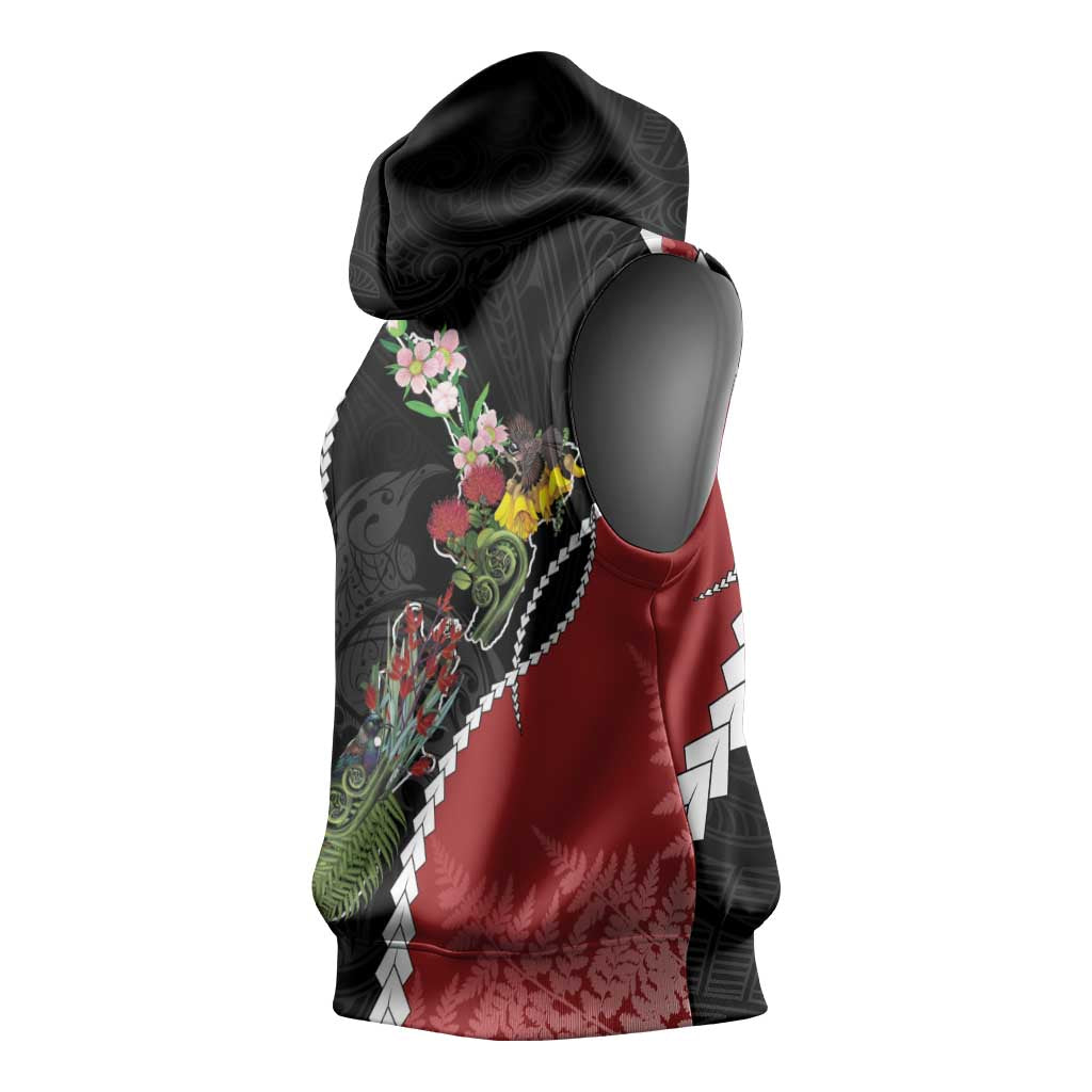 New Zealand Christmas Sleeveless Hoodie Flora Map with Birds - Aussie Hoodie