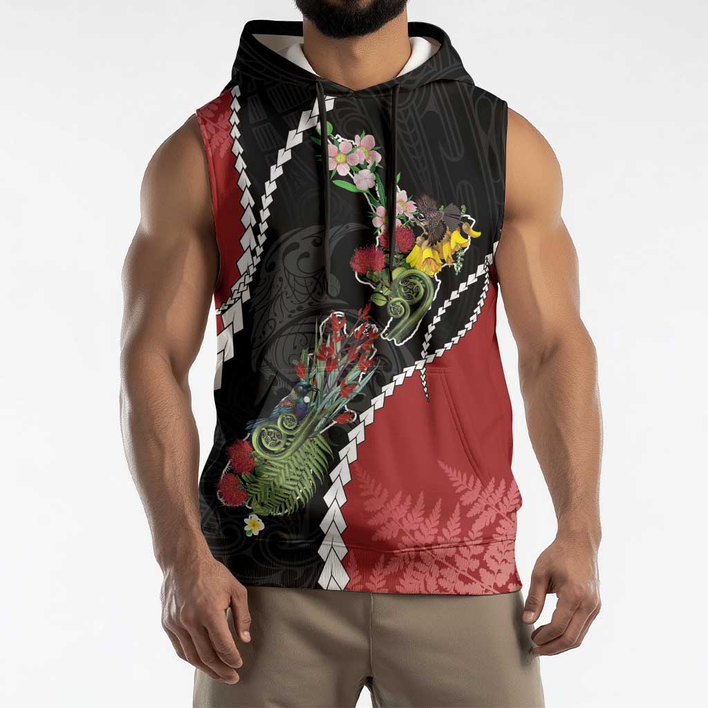 New Zealand Christmas Sleeveless Hoodie Flora Map with Birds - Aussie Hoodie