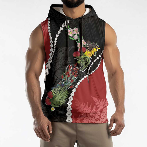New Zealand Christmas Sleeveless Hoodie Flora Map with Birds - Aussie Hoodie