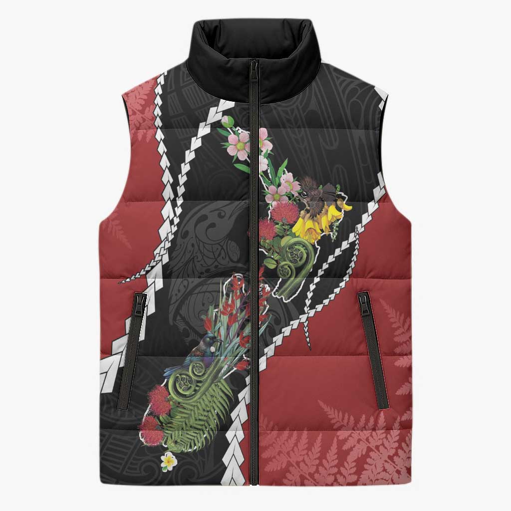 New Zealand Christmas Sleeveless Puffer Jacket Flora Map with Birds - Aussie Hoodie