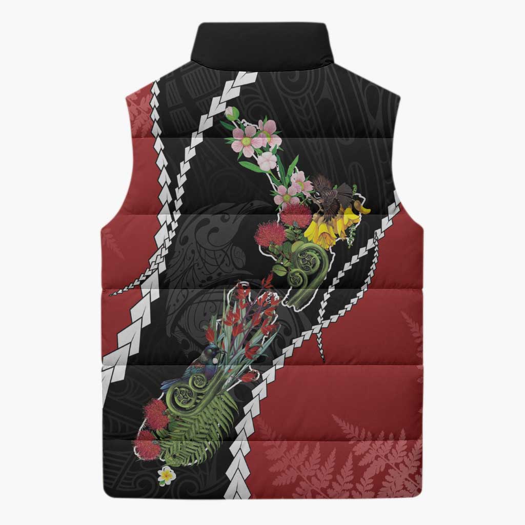 New Zealand Christmas Sleeveless Puffer Jacket Flora Map with Birds - Aussie Hoodie