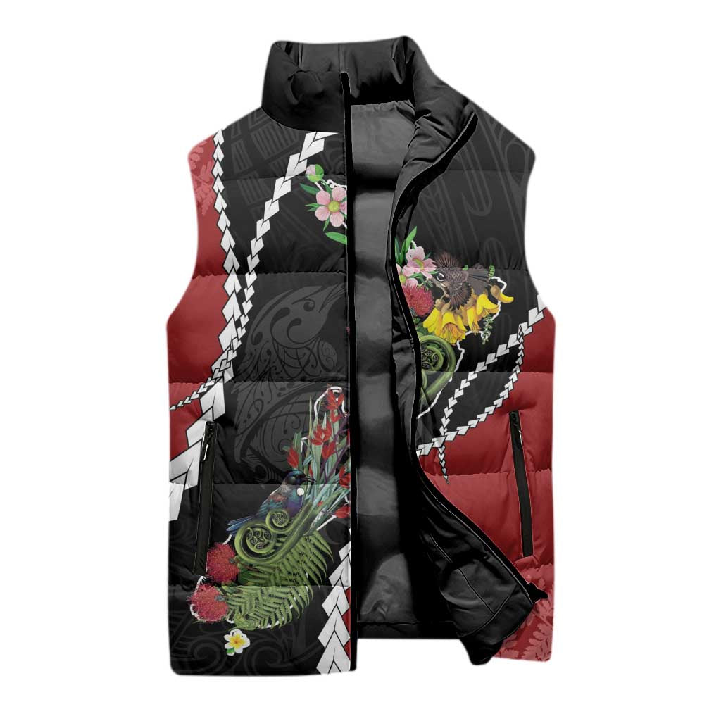 New Zealand Christmas Sleeveless Puffer Jacket Flora Map with Birds - Aussie Hoodie