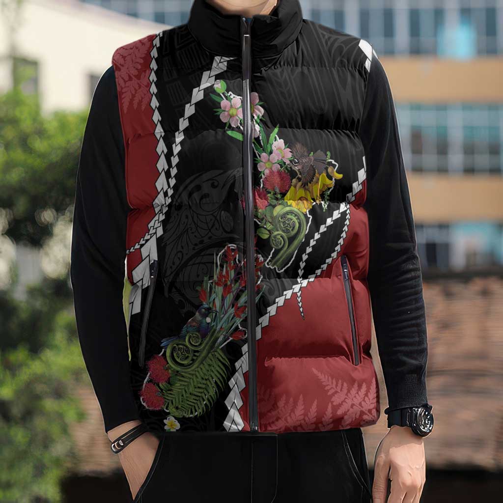 New Zealand Christmas Sleeveless Puffer Jacket Flora Map with Birds - Aussie Hoodie