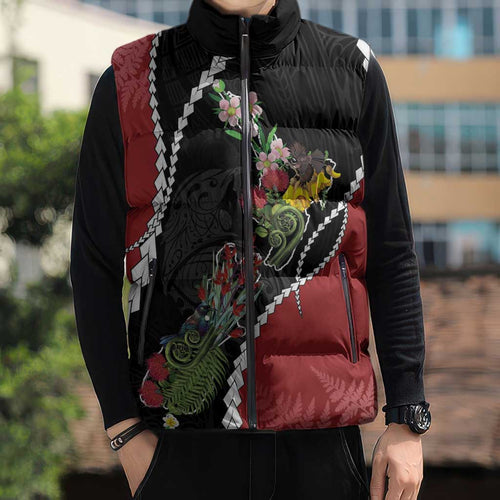 New Zealand Christmas Sleeveless Puffer Jacket Flora Map with Birds - Aussie Hoodie