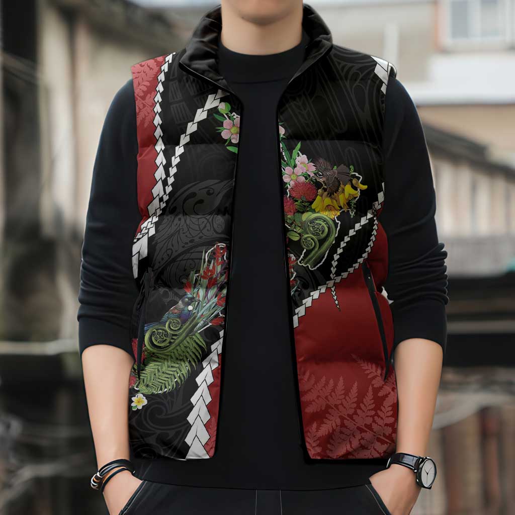 New Zealand Christmas Sleeveless Puffer Jacket Flora Map with Birds - Aussie Hoodie