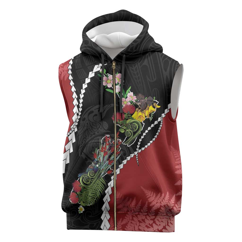 New Zealand Christmas Sleeveless Zip Hoodie Flora Map with Birds - Aussie Hoodie