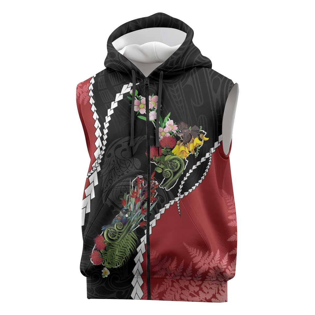 New Zealand Christmas Sleeveless Zip Hoodie Flora Map with Birds LT7