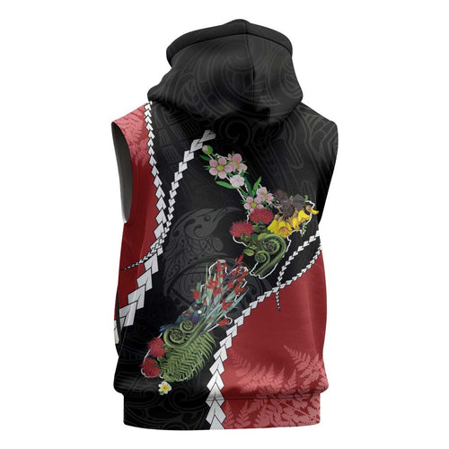 New Zealand Christmas Sleeveless Zip Hoodie Flora Map with Birds LT7
