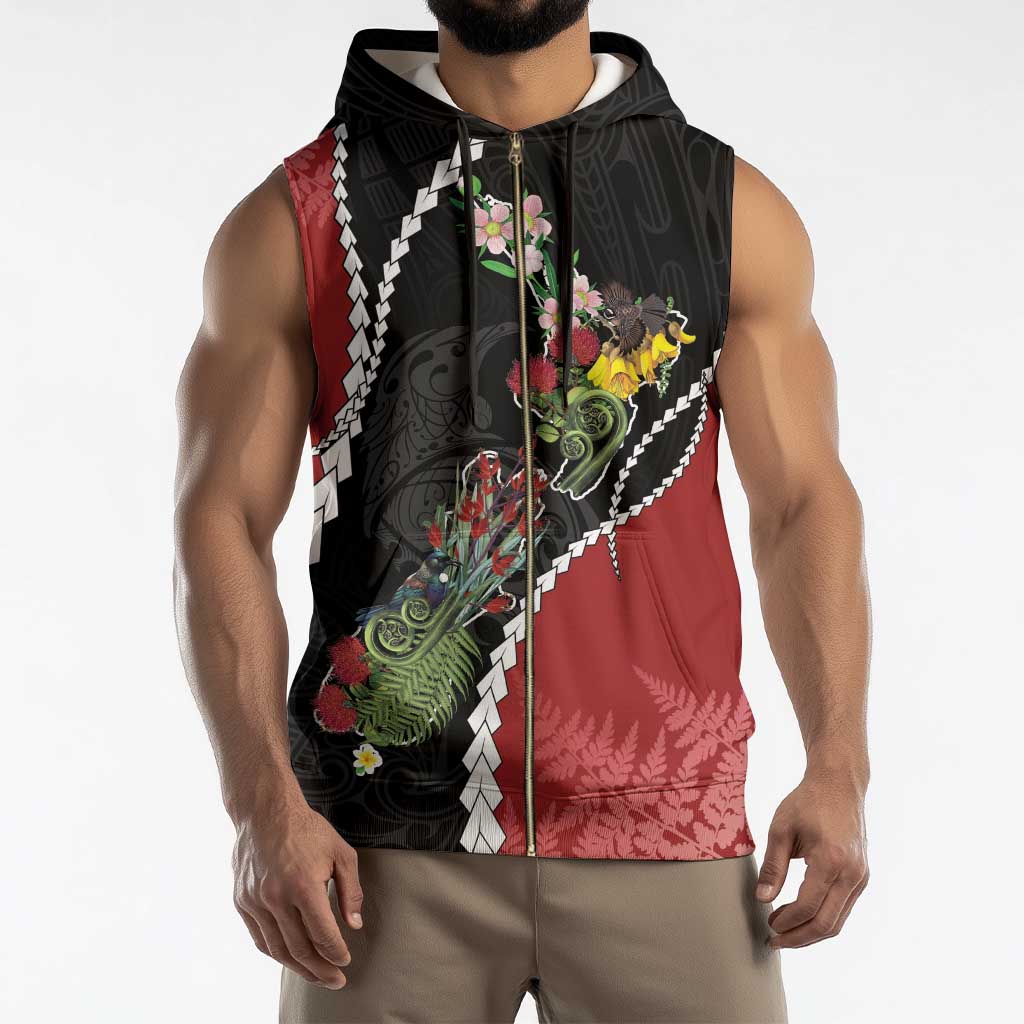New Zealand Christmas Sleeveless Zip Hoodie Flora Map with Birds - Aussie Hoodie