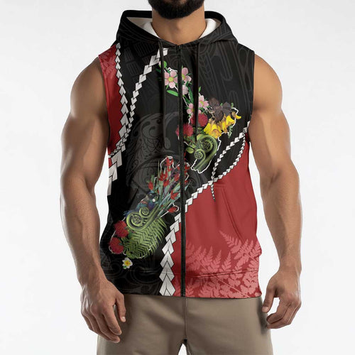 New Zealand Christmas Sleeveless Zip Hoodie Flora Map with Birds LT7