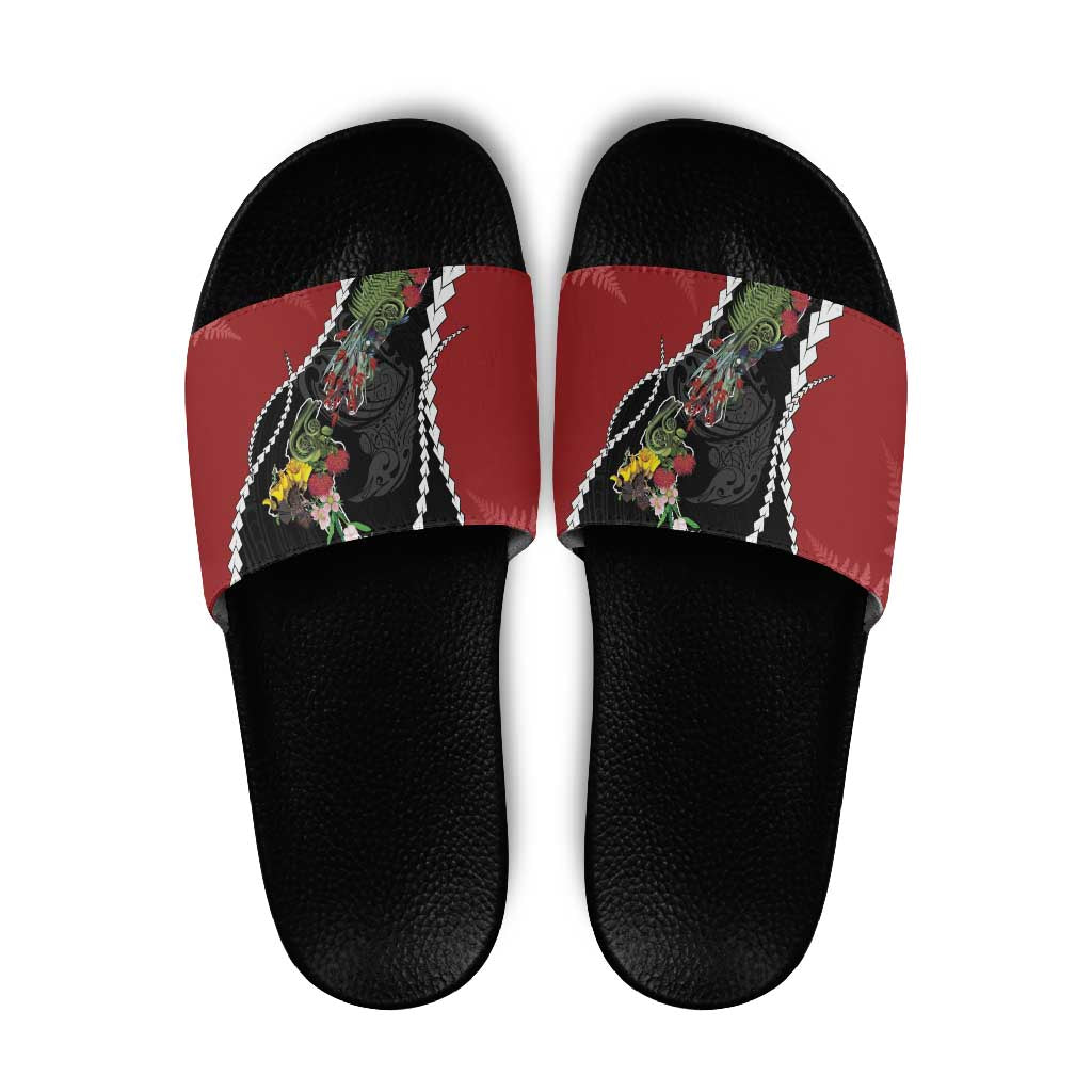 New Zealand Christmas Slide Sandals Flora Map with Birds - Aussie Hoodie