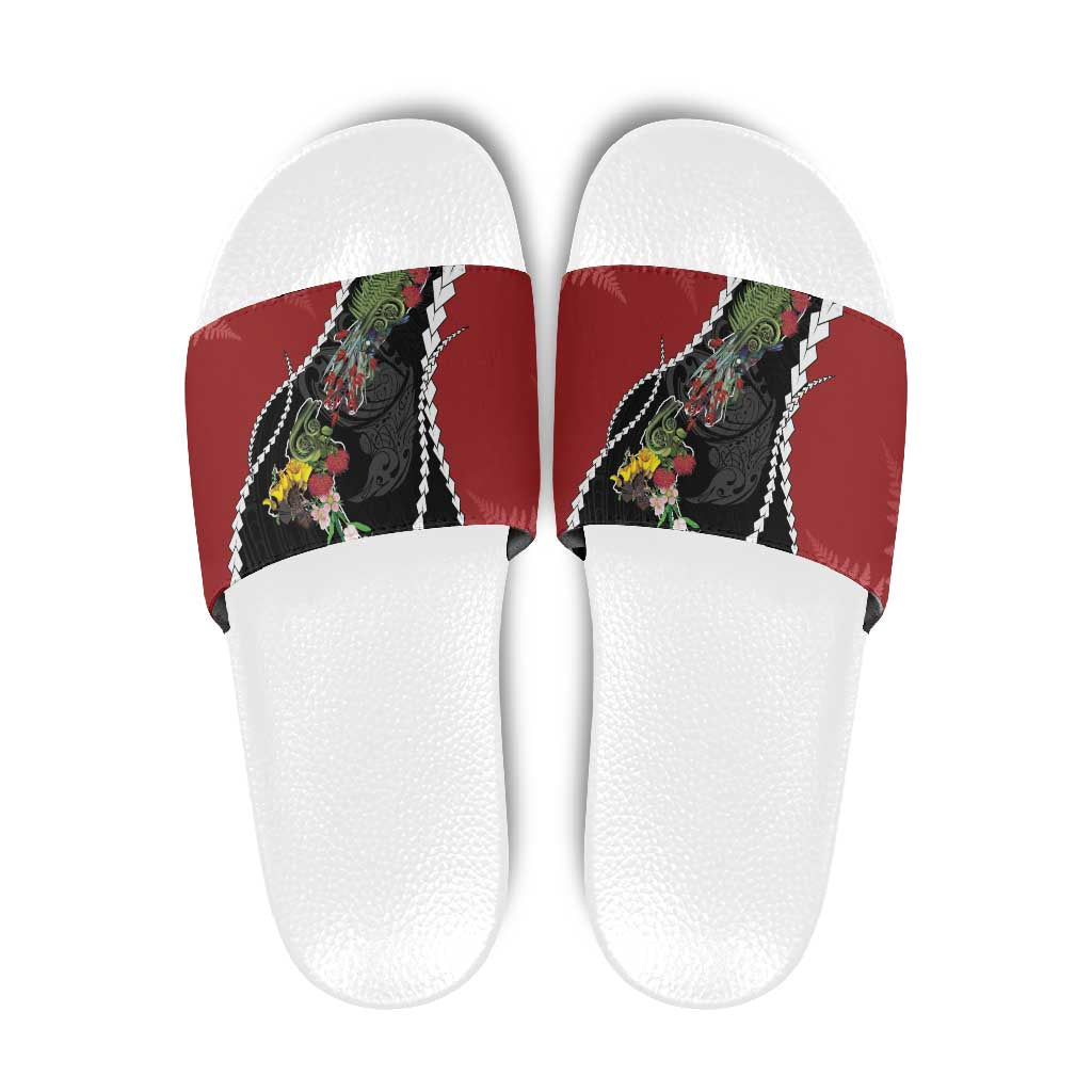 New Zealand Christmas Slide Sandals Flora Map with Birds - Aussie Hoodie