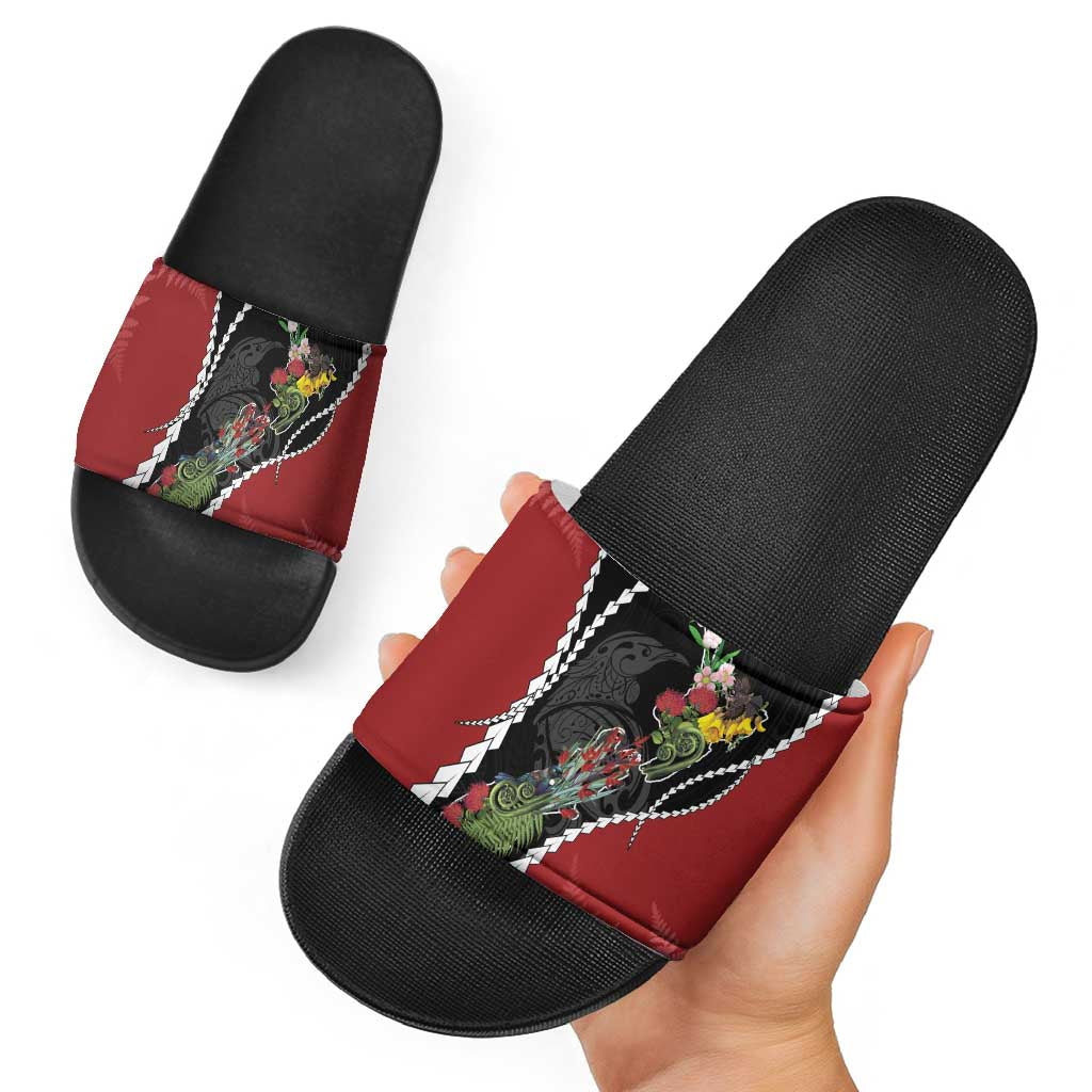 New Zealand Christmas Slide Sandals Flora Map with Birds - Aussie Hoodie