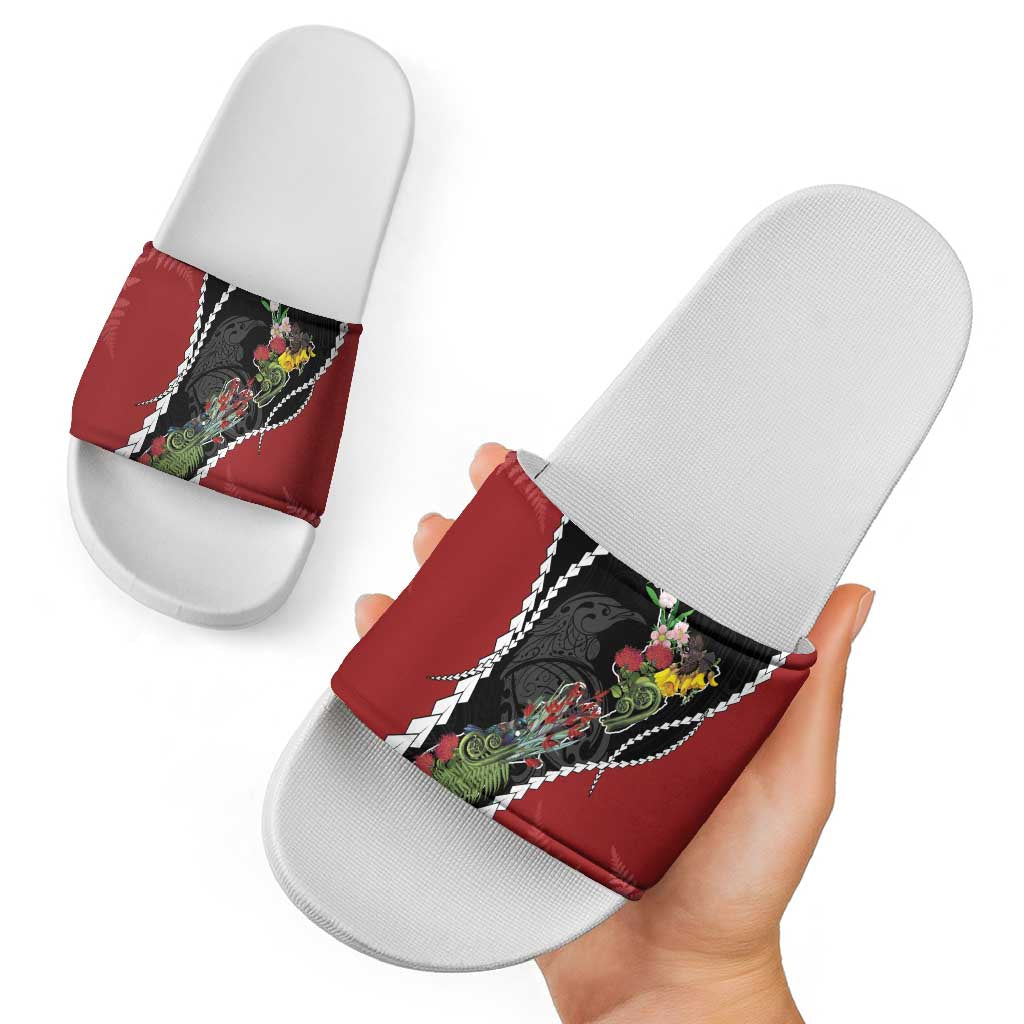 New Zealand Christmas Slide Sandals Flora Map with Birds - Aussie Hoodie