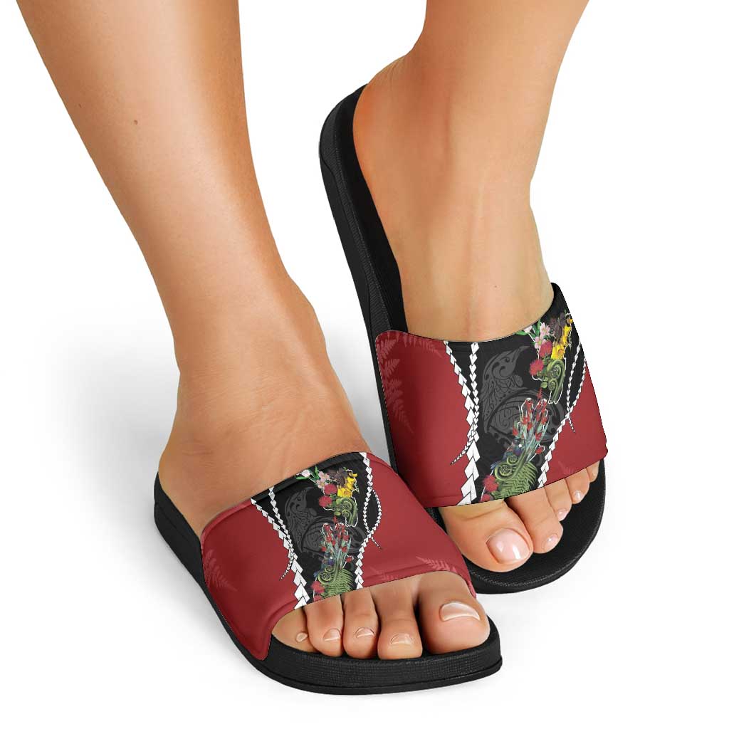 New Zealand Christmas Slide Sandals Flora Map with Birds - Aussie Hoodie