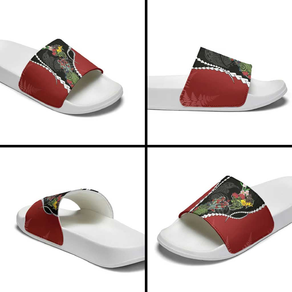 New Zealand Christmas Slide Sandals Flora Map with Birds - Aussie Hoodie