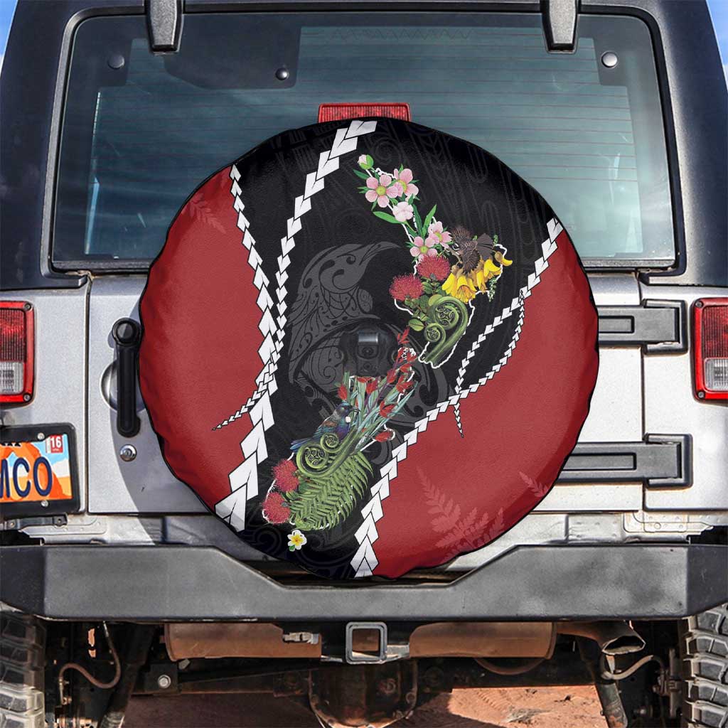 New Zealand Christmas Spare Tire Cover Flora Map with Birds - Aussie Hoodie