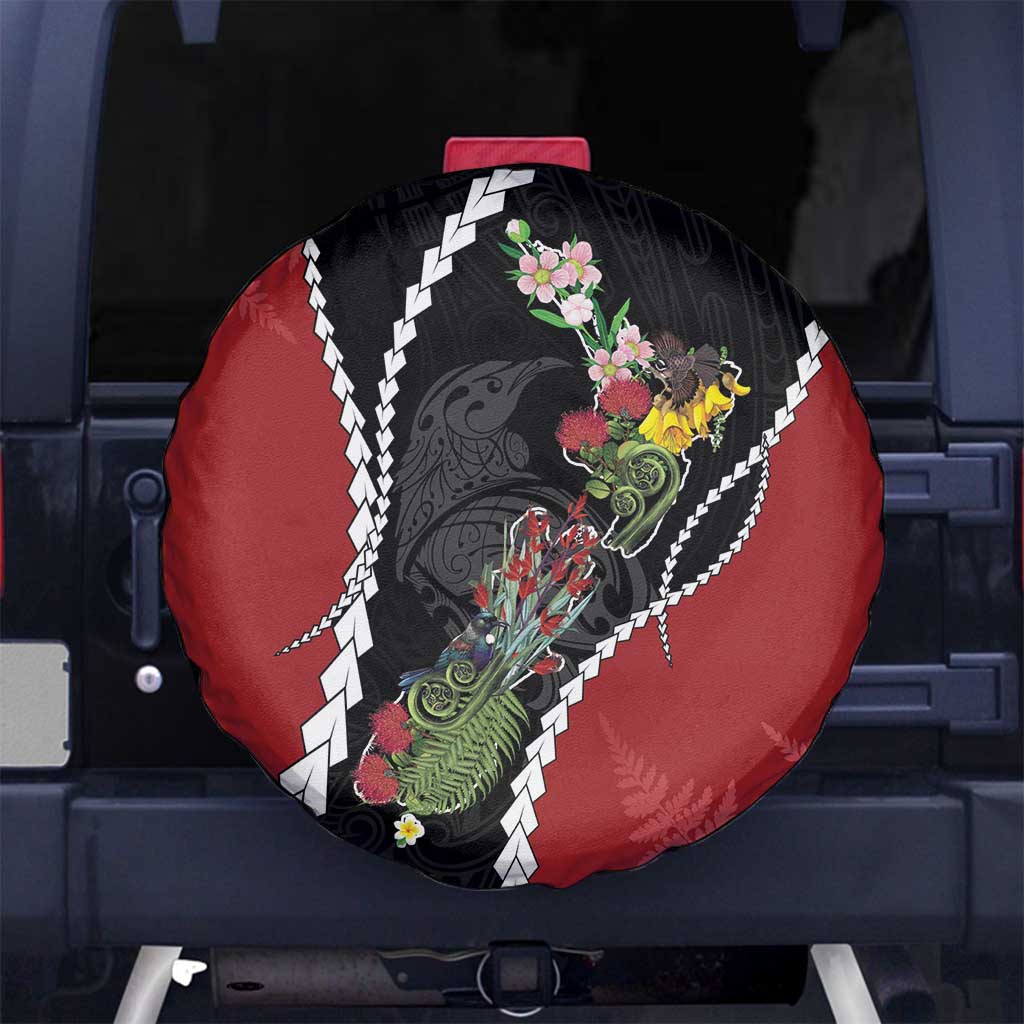 New Zealand Christmas Spare Tire Cover Flora Map with Birds - Aussie Hoodie