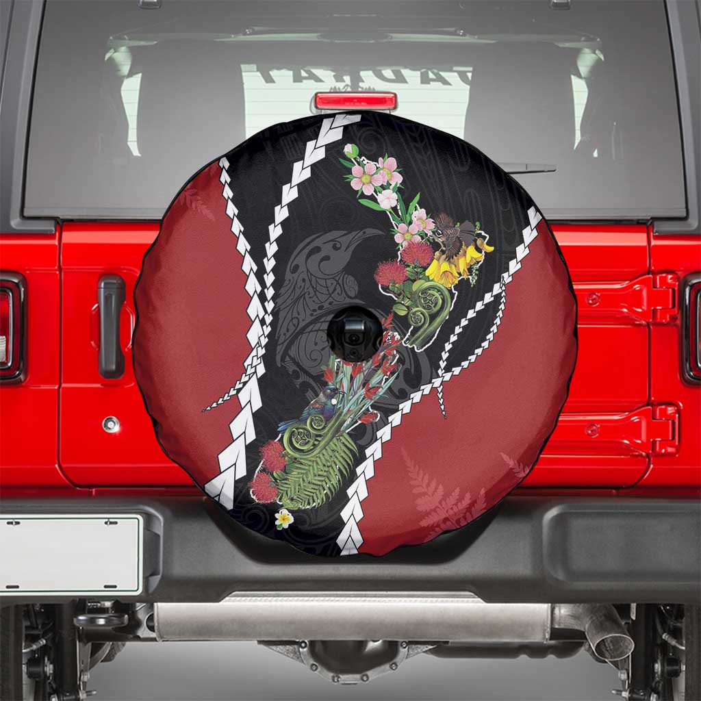New Zealand Christmas Spare Tire Cover Flora Map with Birds - Aussie Hoodie
