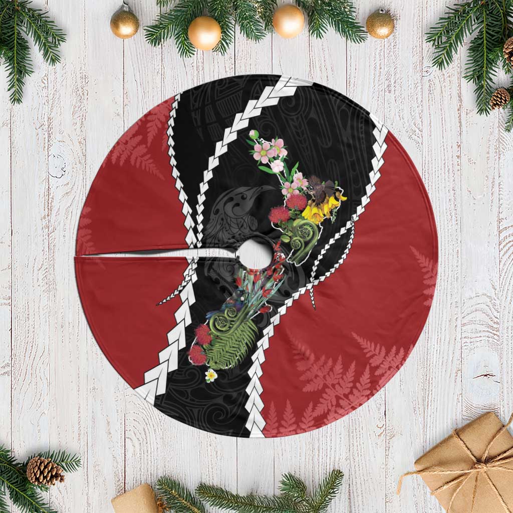 New Zealand Christmas Tree Skirt Flora Map with Birds - Aussie Hoodie