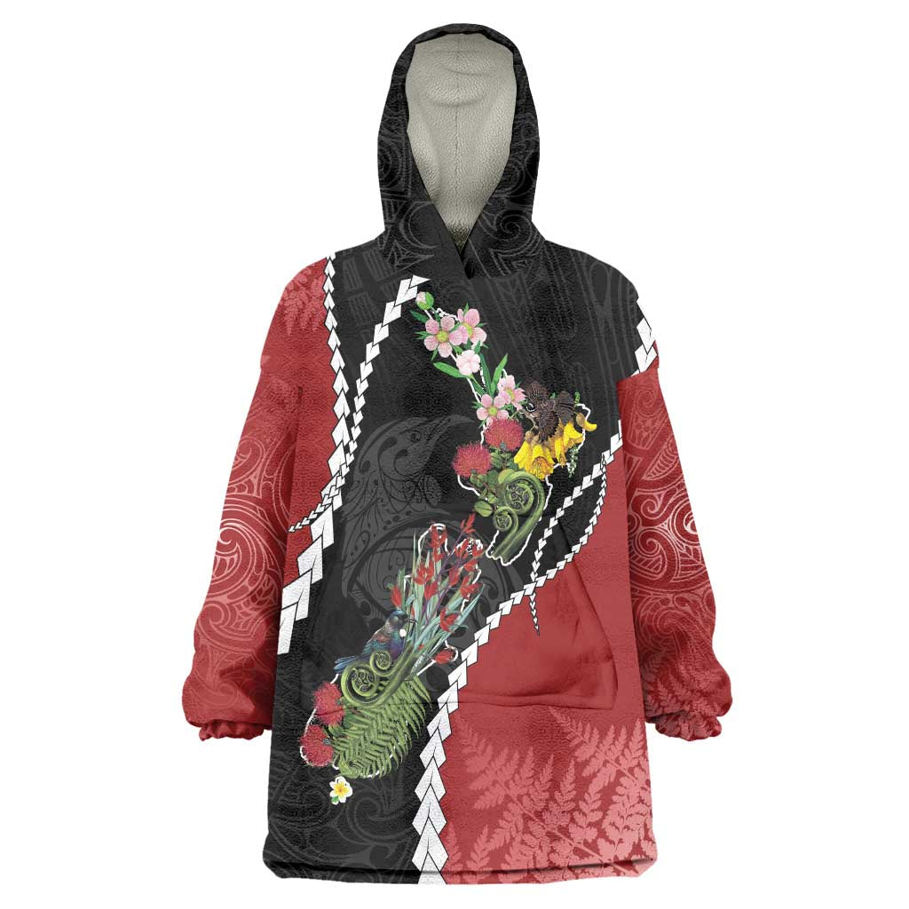 New Zealand Christmas Wearable Blanket Hoodie Flora Map with Birds - Aussie Hoodie