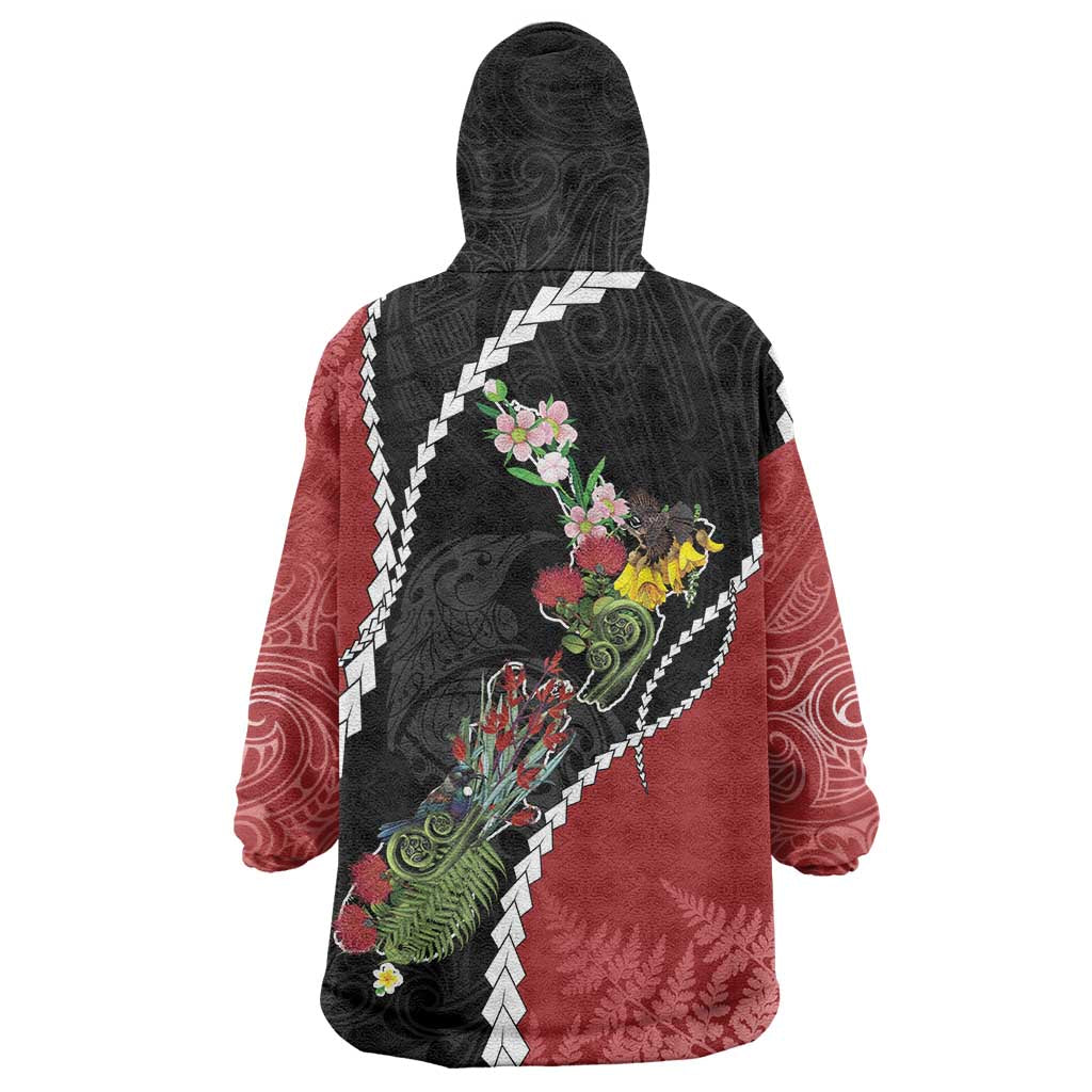 New Zealand Christmas Wearable Blanket Hoodie Flora Map with Birds - Aussie Hoodie