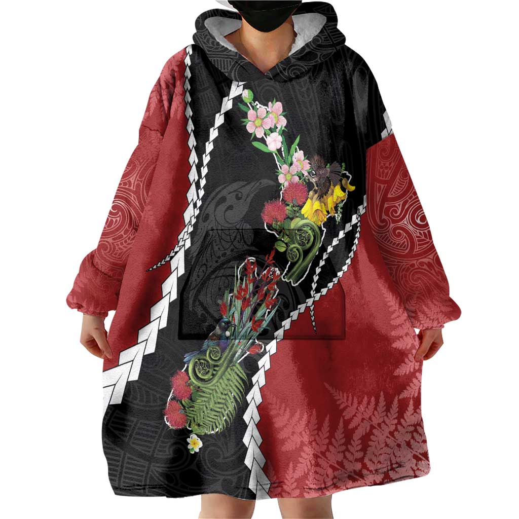 New Zealand Christmas Wearable Blanket Hoodie Flora Map with Birds - Aussie Hoodie