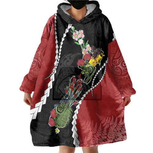 New Zealand Christmas Wearable Blanket Hoodie Flora Map with Birds - Aussie Hoodie
