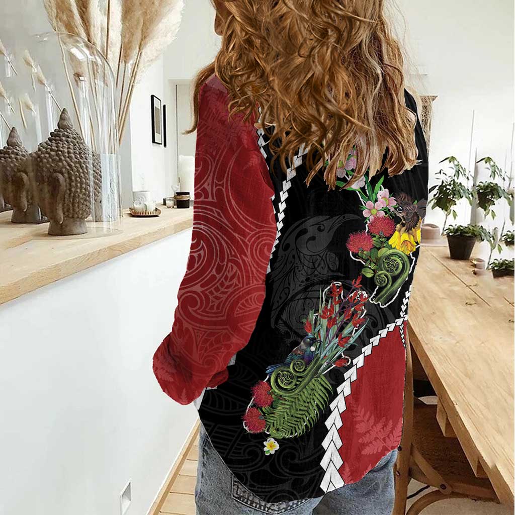 New Zealand Christmas Women Casual Shirt Flora Map with Birds - Aussie Hoodie