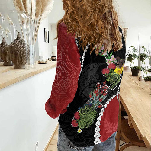 New Zealand Christmas Women Casual Shirt Flora Map with Birds - Aussie Hoodie