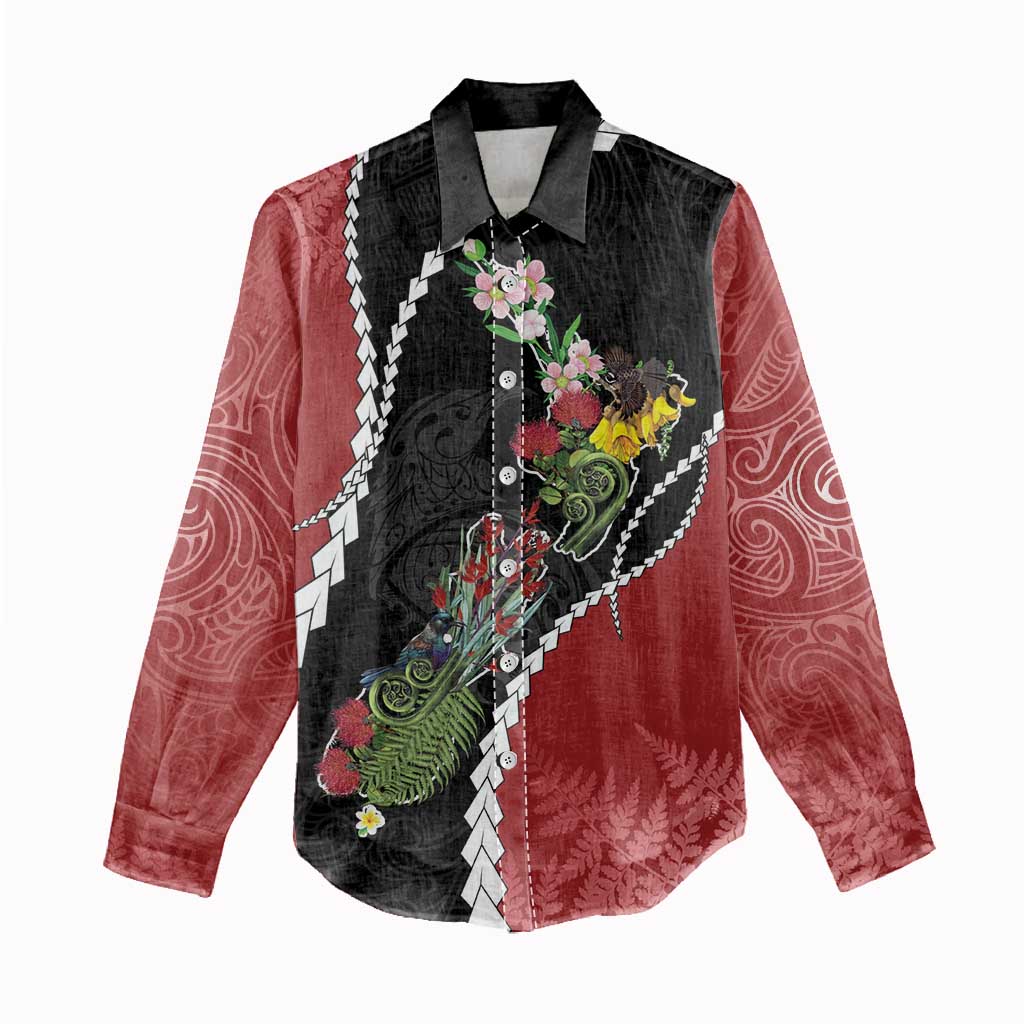 New Zealand Christmas Women Casual Shirt Flora Map with Birds - Aussie Hoodie