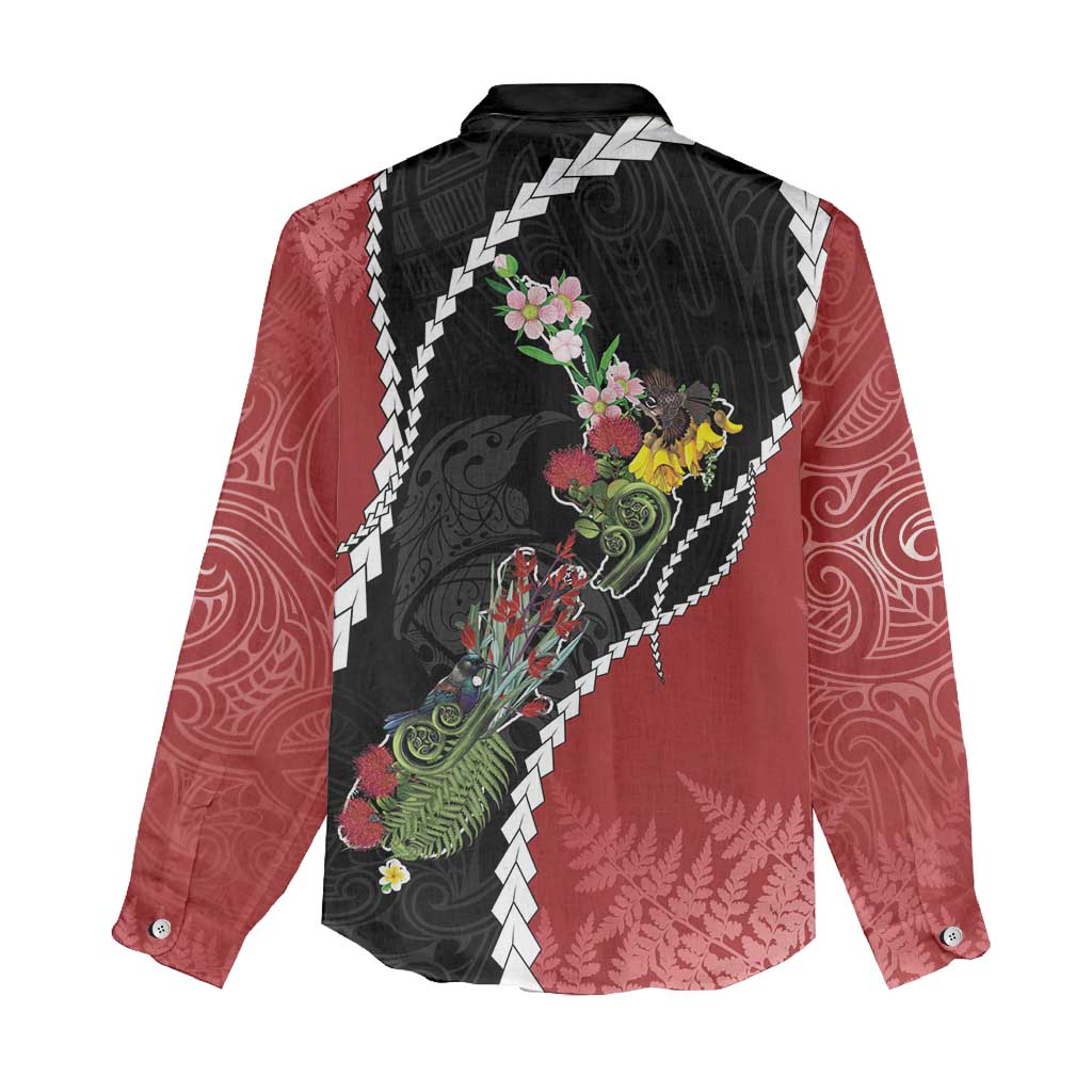 New Zealand Christmas Women Casual Shirt Flora Map with Birds - Aussie Hoodie