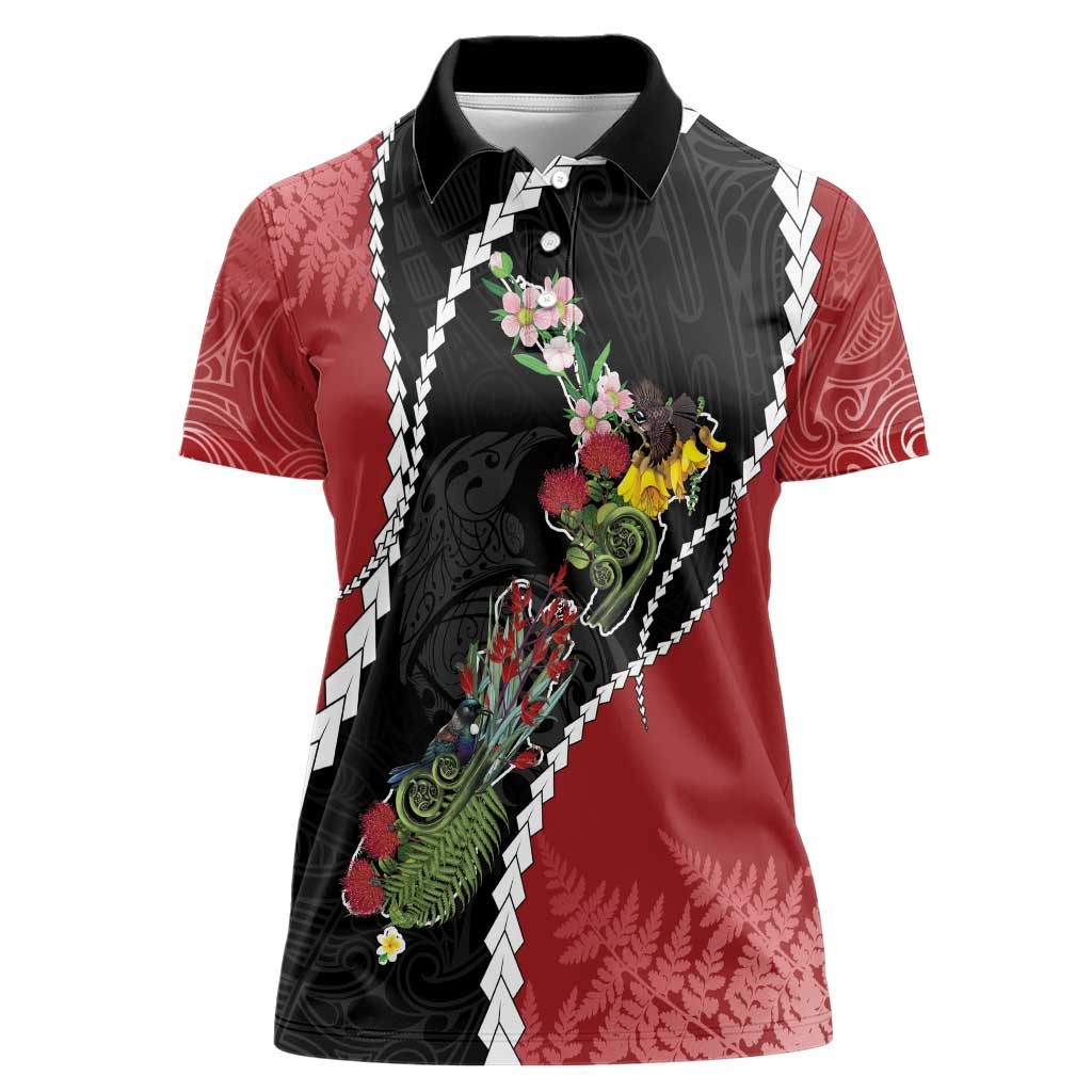 New Zealand Christmas Women Polo Shirt Flora Map with Birds - Aussie Hoodie