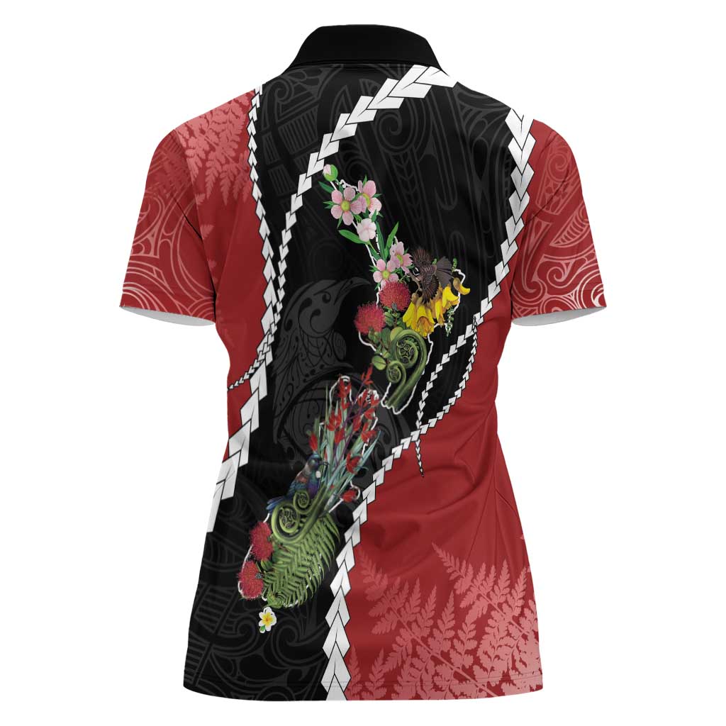 New Zealand Christmas Women Polo Shirt Flora Map with Birds - Aussie Hoodie