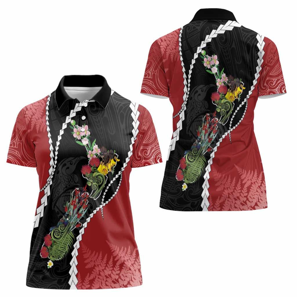 New Zealand Christmas Women Polo Shirt Flora Map with Birds - Aussie Hoodie
