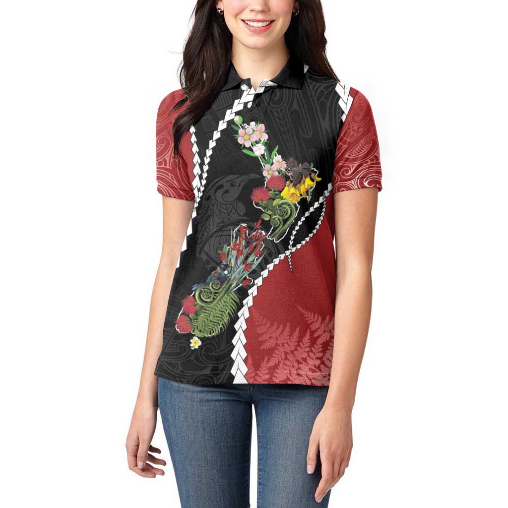 New Zealand Christmas Women Polo Shirt Flora Map with Birds - Aussie Hoodie