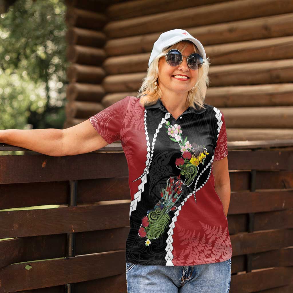 New Zealand Christmas Women Polo Shirt Flora Map with Birds - Aussie Hoodie