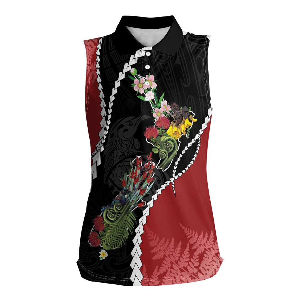 New Zealand Christmas Women Sleeveless Polo Shirt Flora Map with Birds - Aussie Hoodie