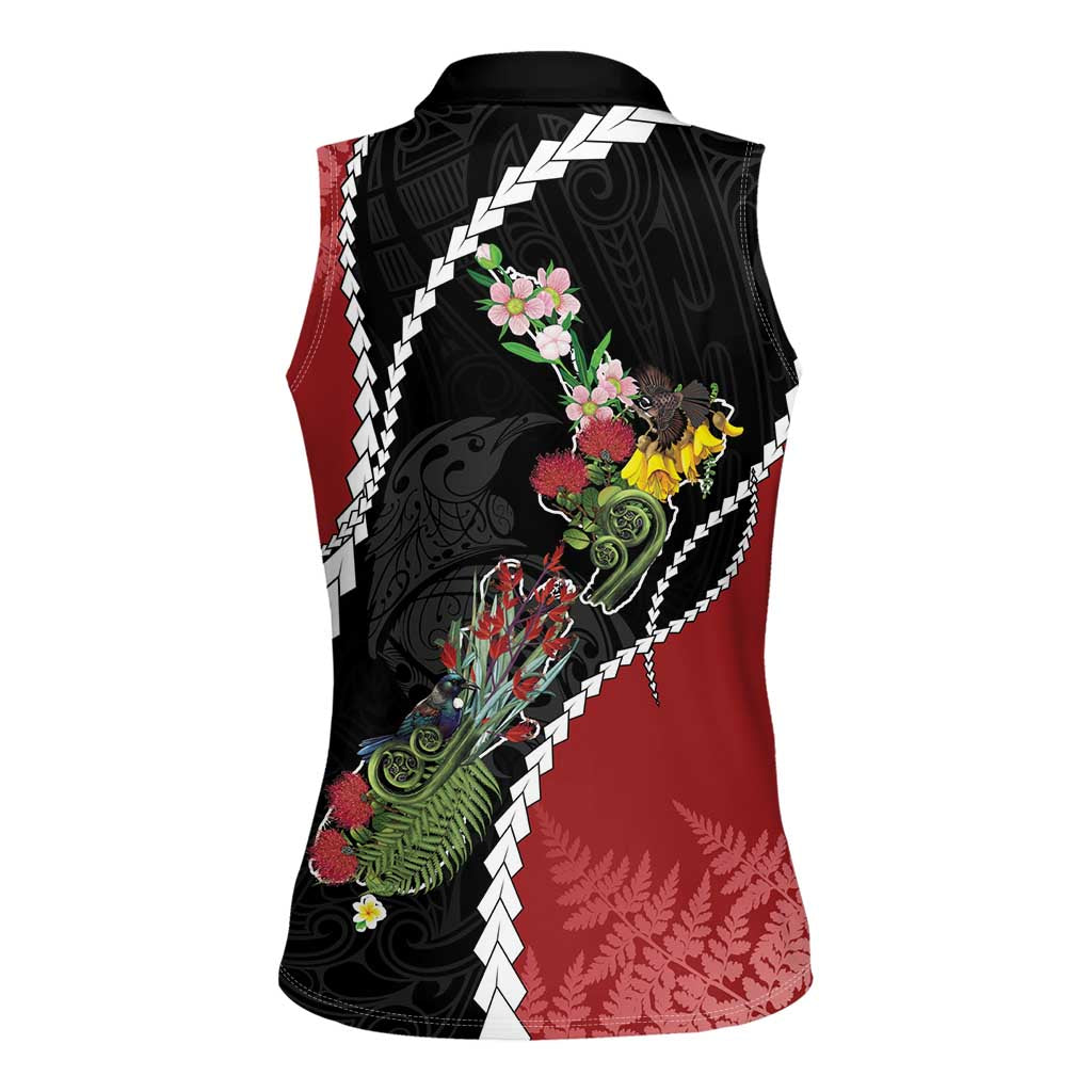 New Zealand Christmas Women Sleeveless Polo Shirt Flora Map with Birds - Aussie Hoodie