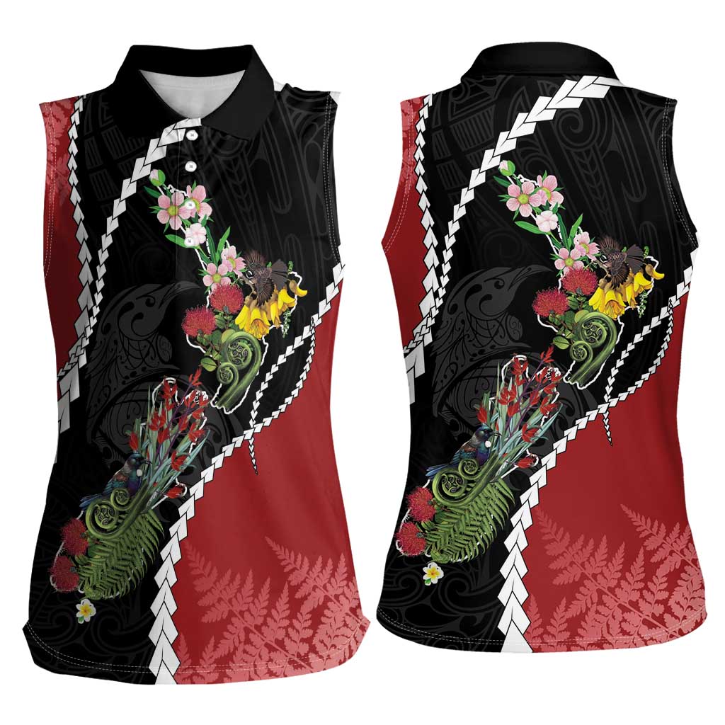 New Zealand Christmas Women Sleeveless Polo Shirt Flora Map with Birds - Aussie Hoodie